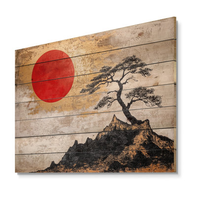 Eternal Sun Of Japanese Landscape I - Traditional Wood Wall Art On Natural Pine Wood