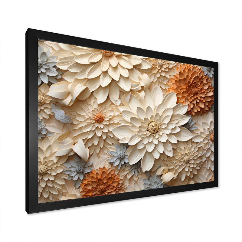Fleurs de zinnias beiges sur toile, Cadre simple noir, H 12 po x l 20 po x P 1 po