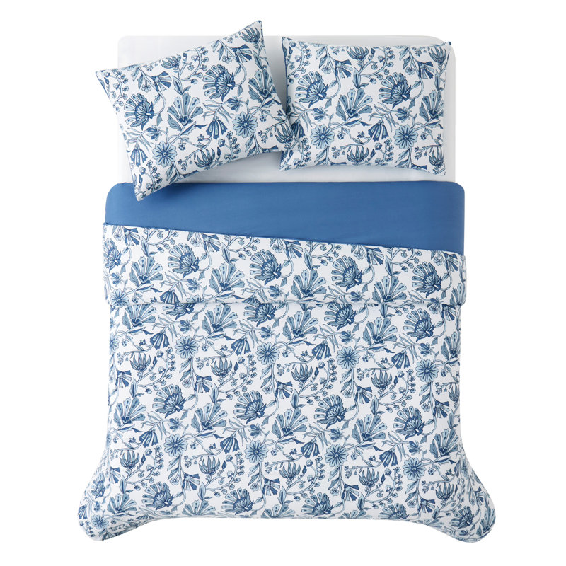 Ensemble d'édredon en coton 3 pièces bleu / blanc, Édredon pour lit simple + 1 taie décorative stan