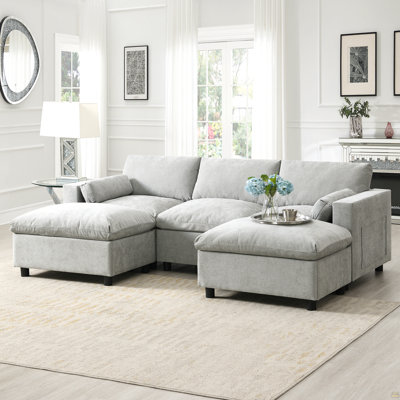 Canapé modulaire de 84,5 po avec poches de rangement, ensemble de canapé en chenille en forme de U à 5 sièges avec coussins, canapé à combinaison libre avec repose-pieds mobile