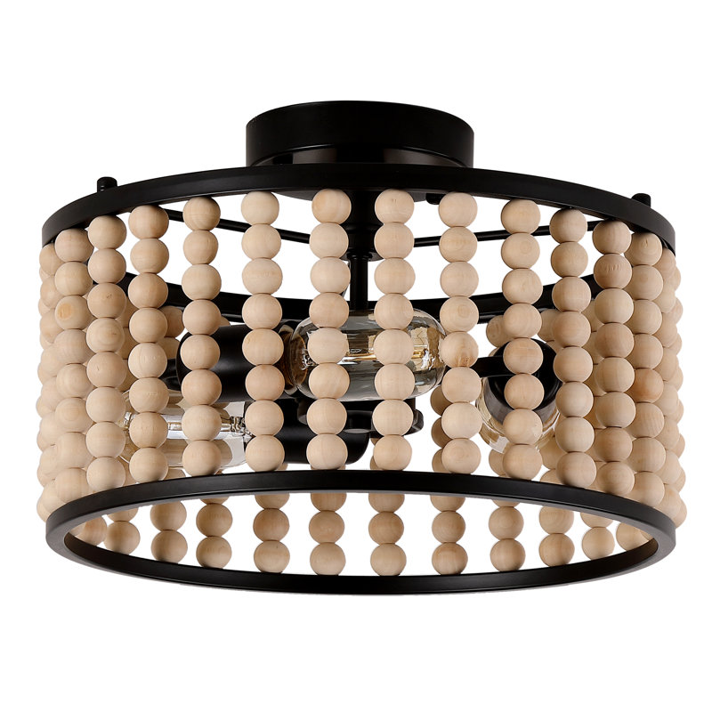 Boho Wood Bead Flush Mount Ceiling Light, 13" Diameter, Black, 3-light E26, Black