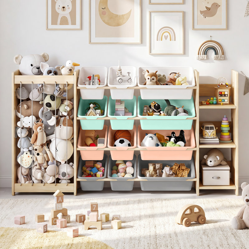 Stuffed Animal Storage & Toy Organizer – Solid Wood Kids Shelf with 9 Pull-Out Bins, Display Shelf & Quick Assembly – Space-Saving Playroom Furniture for Daycare, Nursery & Bedroom