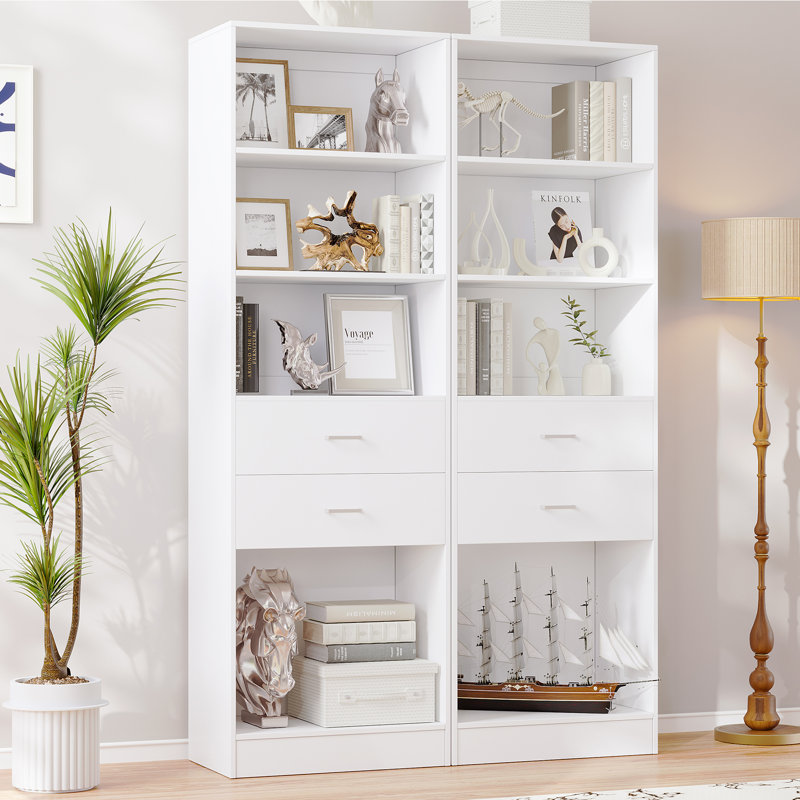 79" Bookcase With Drawers And Adjustable Shelves (Set of 2), White