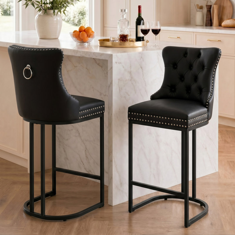 26" Modern Upholstered Counter Height Bar Stools with Nailhead Trim, Black Seat/Black Legs/Faux Leather