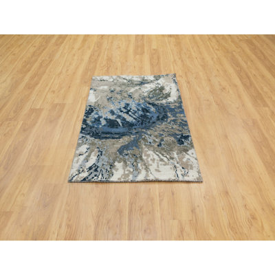 Tapis noué à la main 3 pi 1 po x 5 pi en laine et soie à motif abstrait bleu et ivoire 73545784284C4E93BAEEAF28DAA4AB12