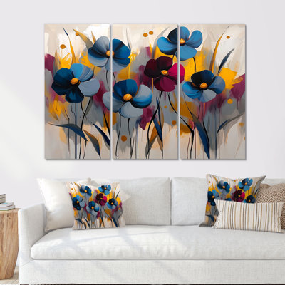 Ensemble de 3 fleurs murales rouges et bleues - bleuet pour salon - ensemble de 3
