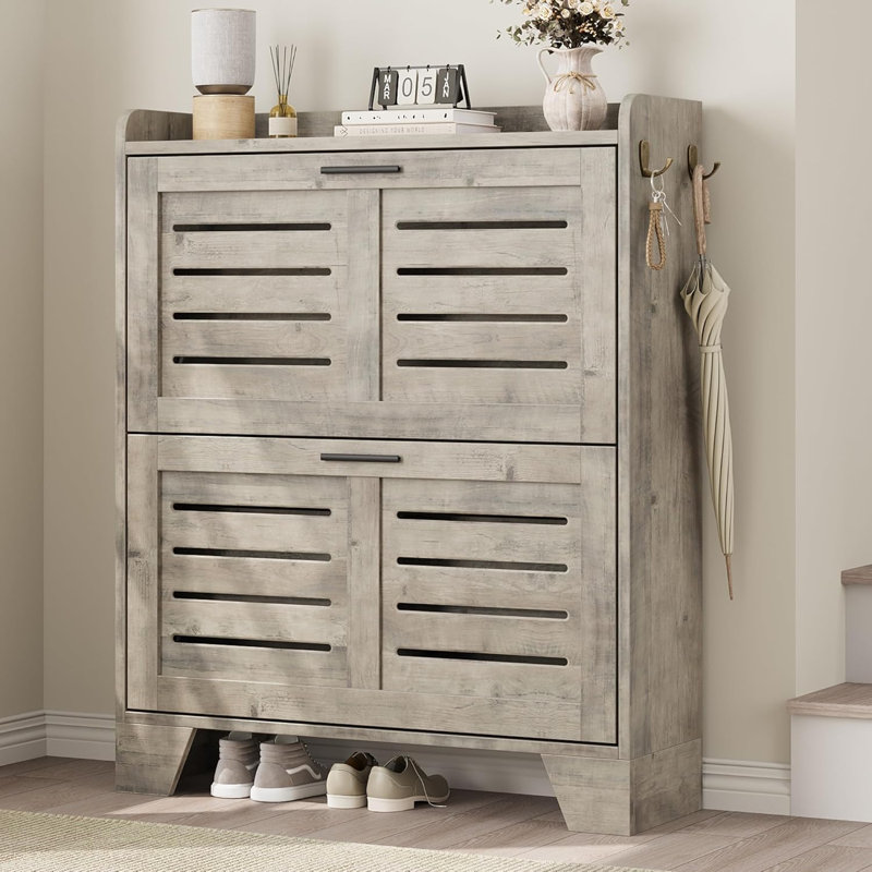 Narrow Shoe Cabinet with 2 Flip Drawers & Hooks, Slim Hidden Shoe Storage Organizer for Entryway or Hallway, Gray