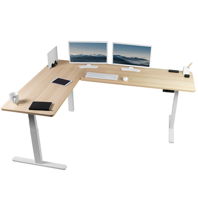 Adjustable Height L-Shaped Steel Standing Desk, Light Wood/White