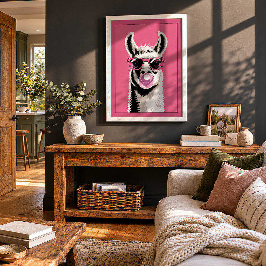 Llama Bubble Gum Modern - Framed Print