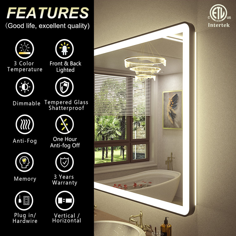 Orren Ellis LED Black Framed Bathroom Vanity Mirror, Illuminated Dimmable  Anti Fog Makeup Mirror, 3 Color Light & Reviews