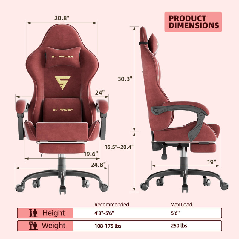Fauteuil de jeu ergonomique en velours avec repose-pieds Soontrans, Rouge