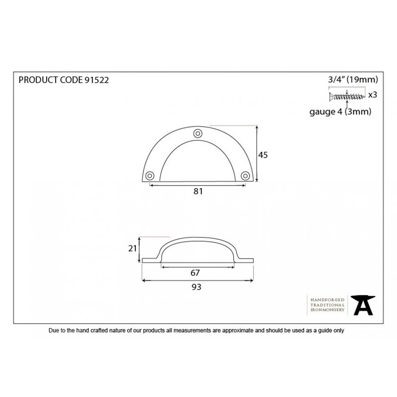 Plain 8.1 cm centre Cup Handle, Aged Brass