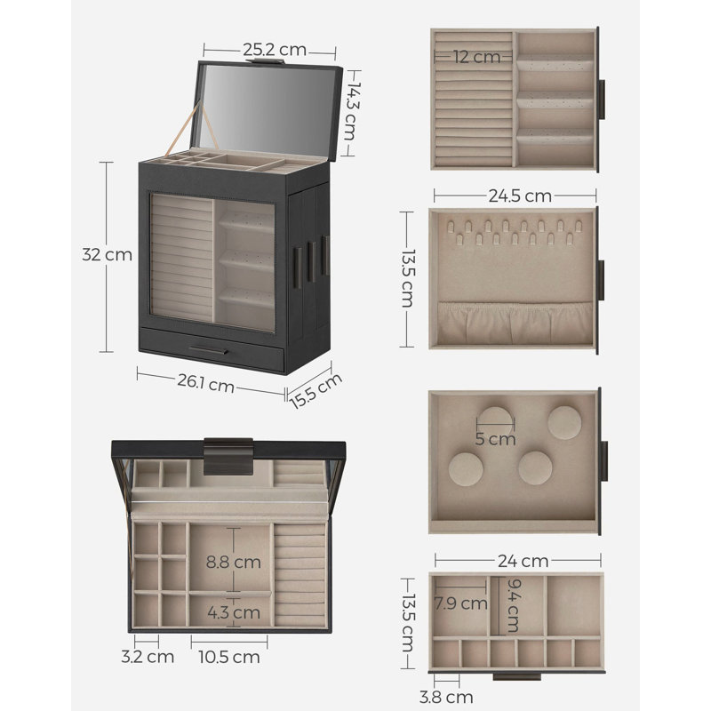 Wood Jewellery Box +, Black/Silver