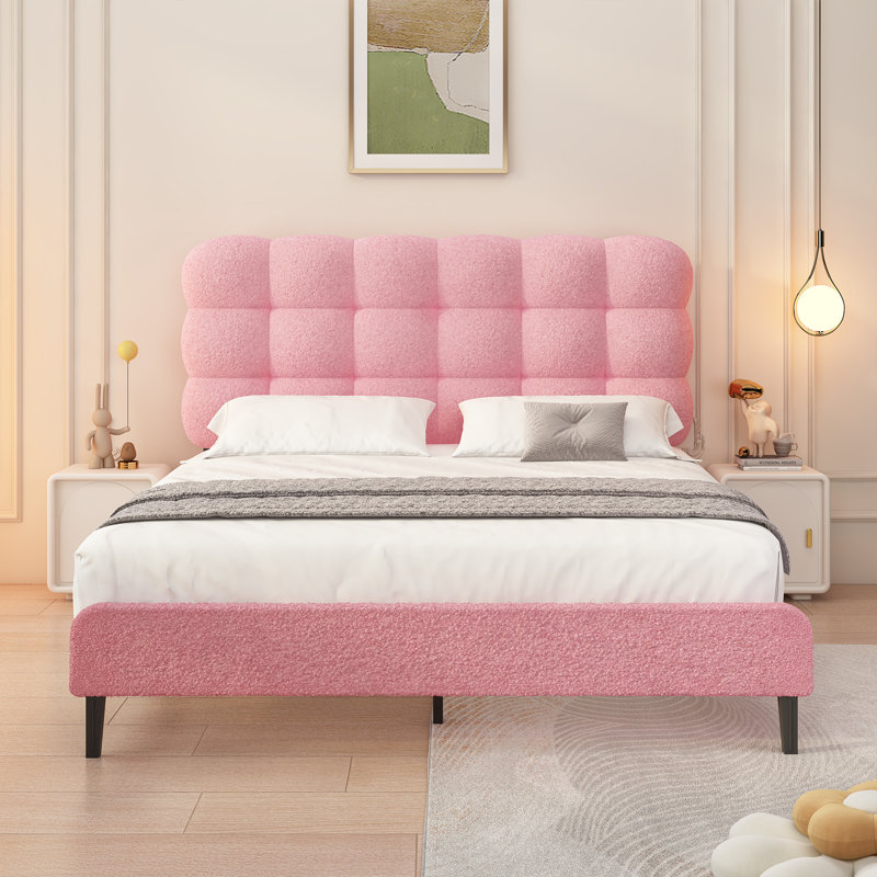 Tête de lit tapissier Aadi, lit plateforme avec support en lattes de bois robuste, conception à deux formes de lit, Rose