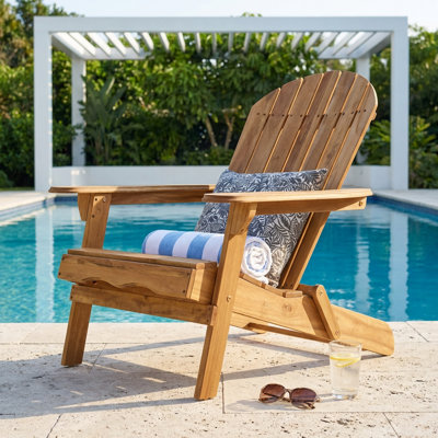 Outdoor Folding Acacia Wood Adirondack Chair with Slatted Back and Wide Armrests