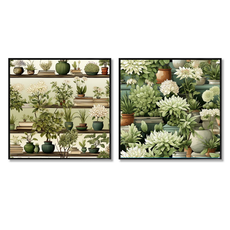 Karsyn - Ensemble de 2 collages carrés floral et botanique, Cadre flottant noir, H 16 po x l 33 po