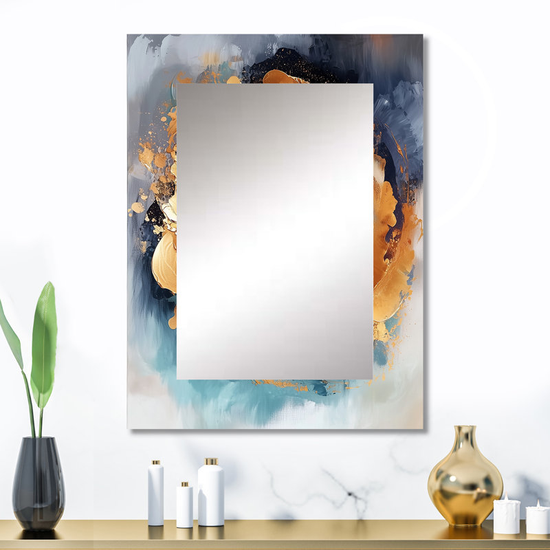 Blue And Gold Fractal Vortex III - Abstract Spirals Decorative Mirror, Modern Large Wall Mirror, Printed Metal Art, 32" x 24"