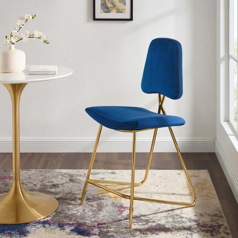 Navy Velvet Upholstered Counter Stool with Gold Stainless Steel Legs