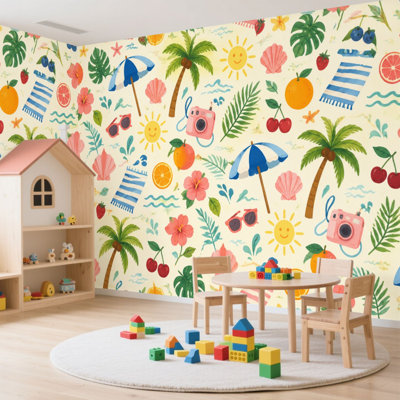 Murale auto-adhésive moderne pour la chambre à coucher Peel and Stick L 100 po x l 144 po avec imprimé de palmiers d'été tropical