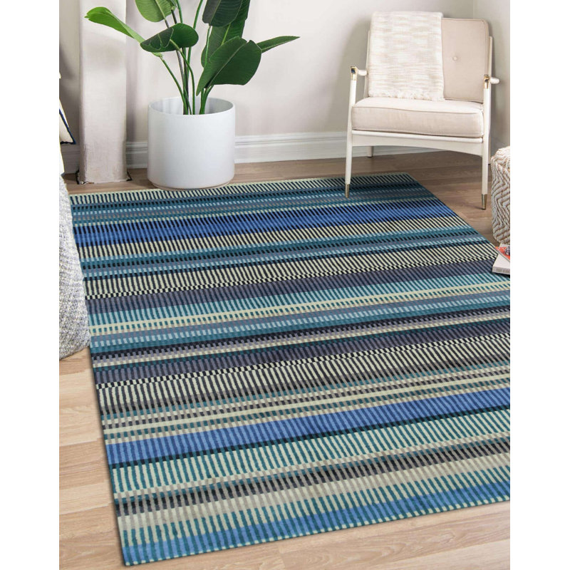 Blue Hand-Knotted Wool Striated Color Block Geometric Modern Contemporary Carpet Rug, 8' x 10'
