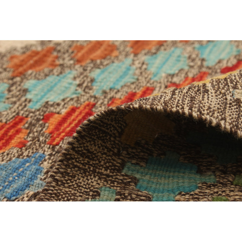 Tapis décoratif en laine de conception unique 5 pi 1 po x 6 pi 6 po noué à la main New Age en laine gris foncé/rouge