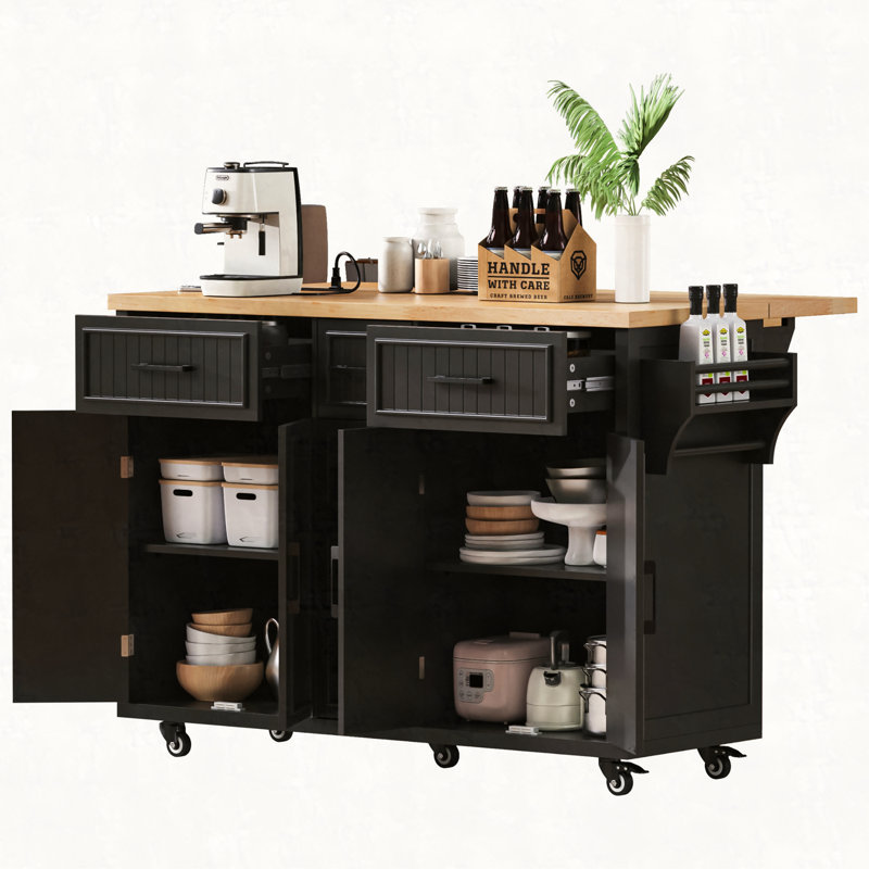 56.5'' Kitchen Island with Drop Leaf, Power Outlet, Embossed Vertical Stripe Rolling Kitchen Cart on Wheels with 4 Doors , 5 Deep Drawers and Adjustable Shelves, for Kitchen, Dining Room