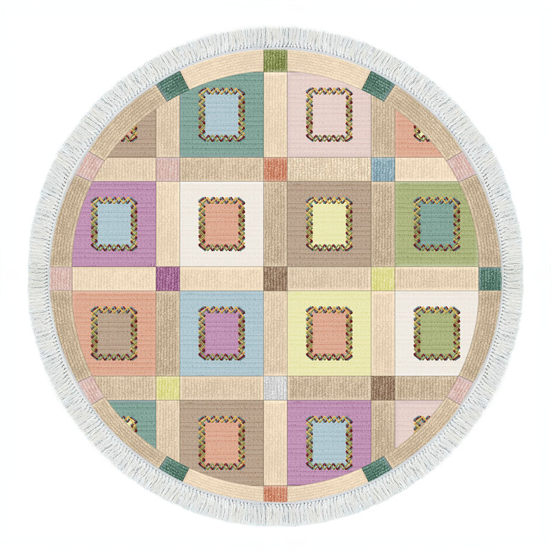 Flow Geometric Machine Woven Polyamide Area Rug in Beige, Round 5'3"