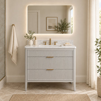 Meuble-lavabo sur pied gris mat de 91 cm (36 po) avec lavabo intégré et miroir de courtoisie à DEL de 91 x 76 cm (36 x 30 po).