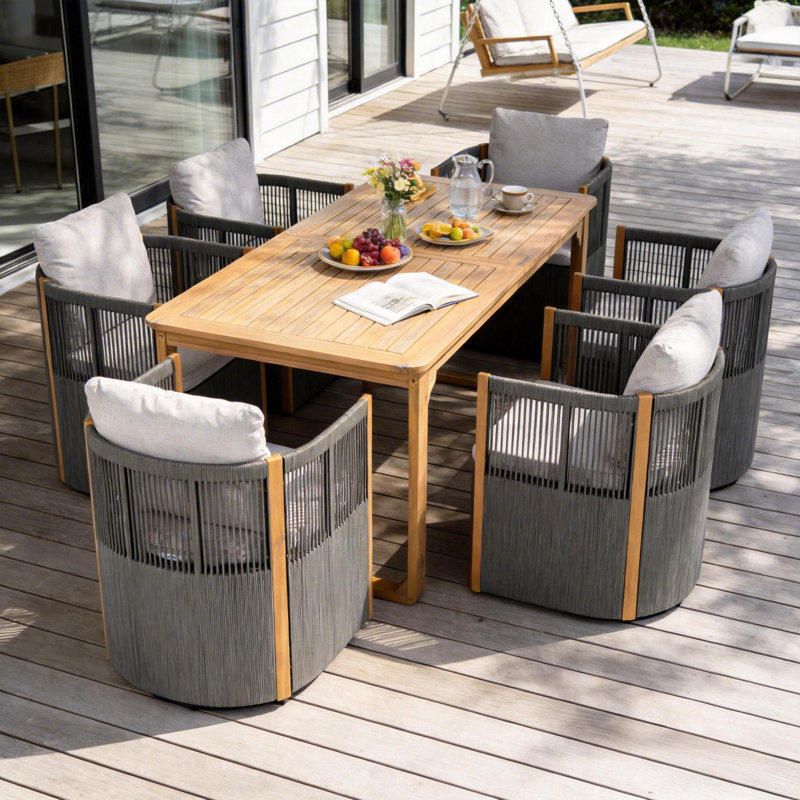 Ensemble repas 7 pièces en bois d'acacia avec chaises pivotantes et coussins Marisol, LIght Gray
