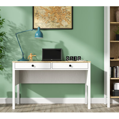 Bureau d'étude moderne avec tablettes, finition blanche et bois, 47,2 po x 28,7 po x 23,6 po | 100% panneau de particules enduit de mélamine, épaisseur de 0,7 pouce | Pieds en panneau de fibres à densité moyenne, poignées en métal, fixation murale, design élégant et fonctionnel