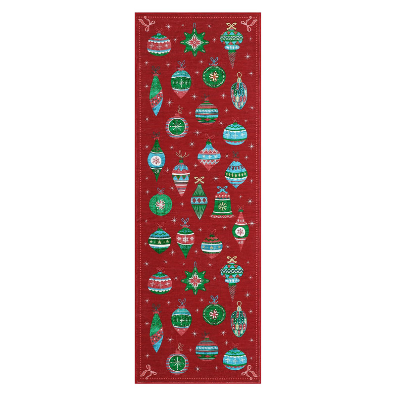 2x8ft Washable Christmas Ball Print Accent Rug w/ Non-Slip Backing,Stain-Resistant Low Pile Xmas Holiday Carpet