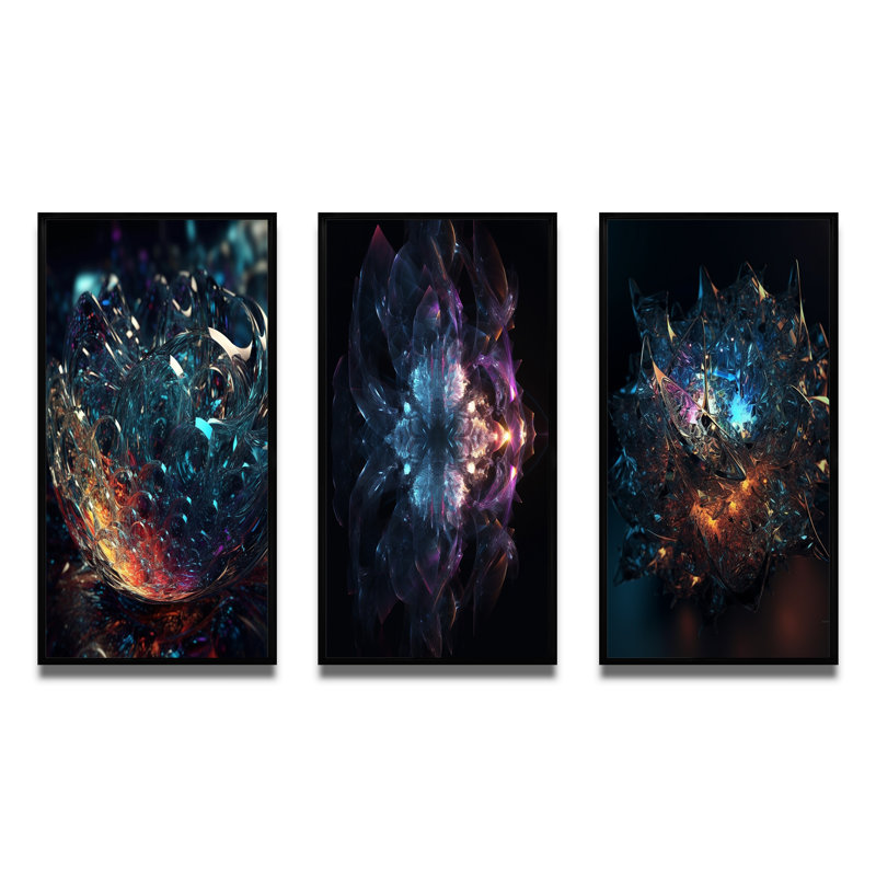 «Abstract Cosmic Crystal In Deep Space II», 3 pièces sur toile, Cadre flottant noir, H 40 po x l 60 po