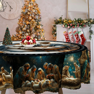 1 nappe ronde / rectangulaire en polyester de 1 pièce, nappe de Noël avec pin, bonhomme de neige, camion, bord embosé, décorations de Noël pour table à manger, décoration de table de fête festive, cadeau de fête parfait