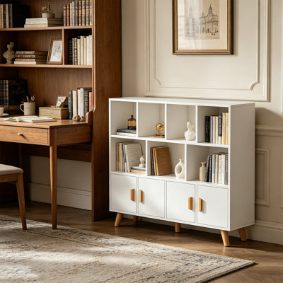 Wooden Bookcase With Doors, Floor Standing Open Bookshelf With Solid Wood Legs