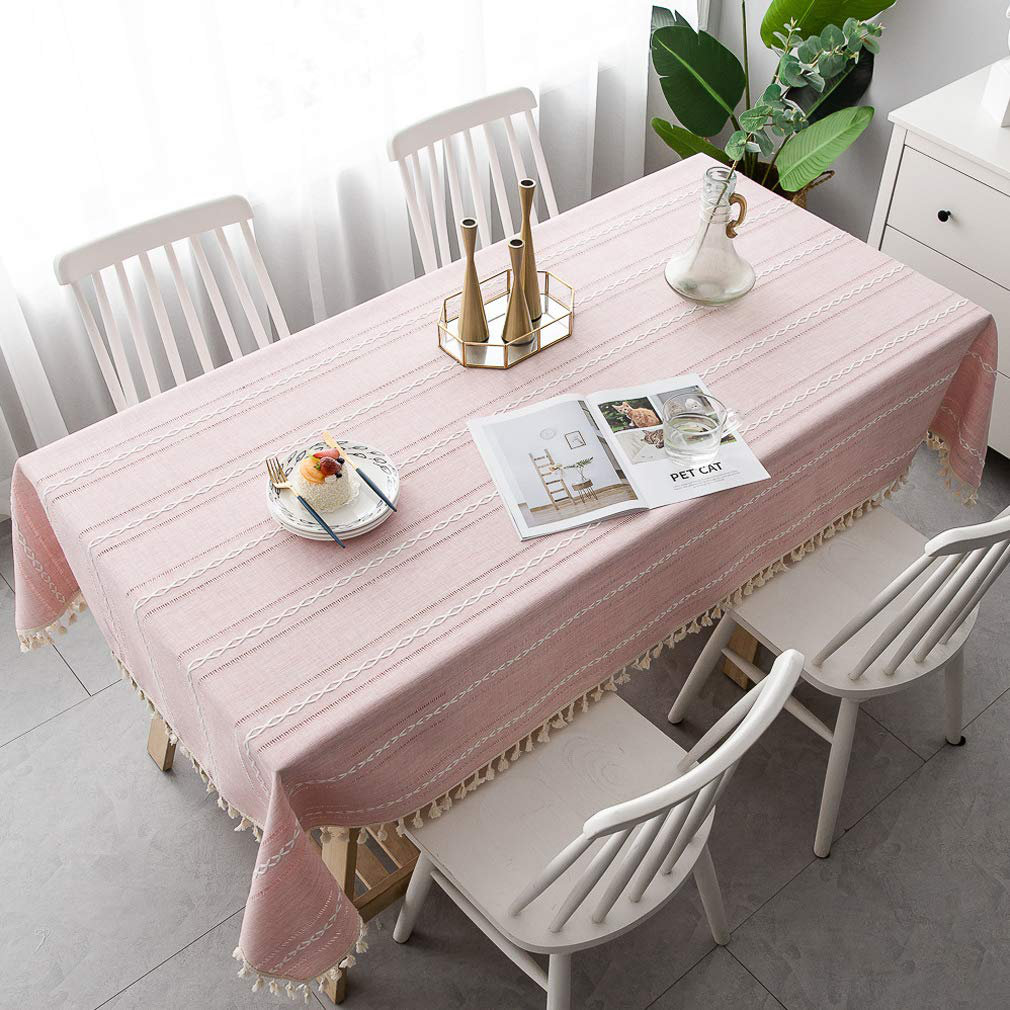 Cotton Linen Rectangular Tablecloth with Tassels, Washable, Wrinkle-Free for Kitchen, Dining, Party