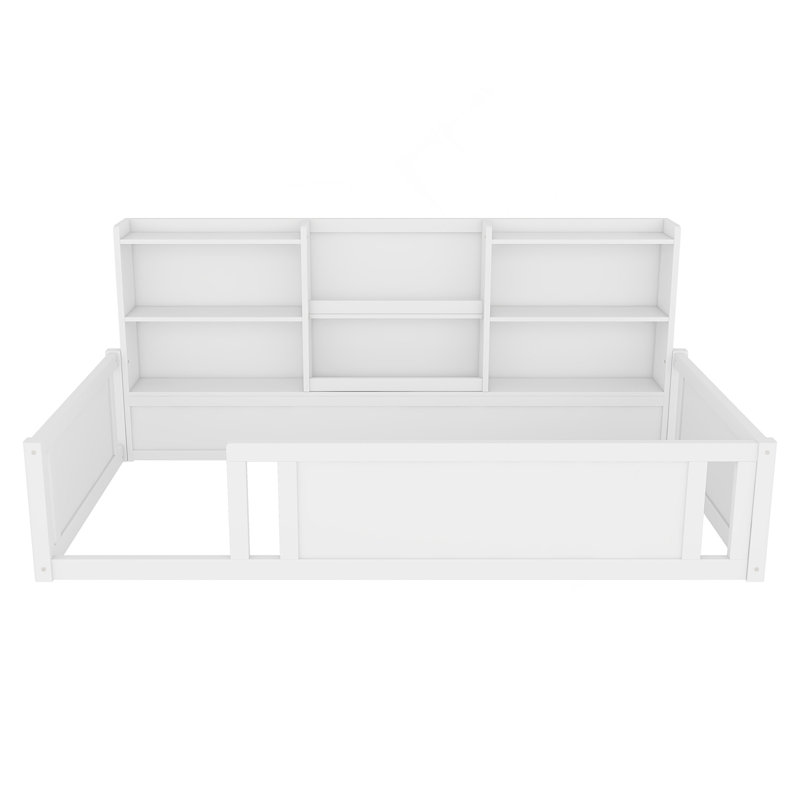 Lit plateforme simple en bois avec barrière de sécurité et tablettes de rangement latérales pratiques, base de lit pour enfant peu encombrante