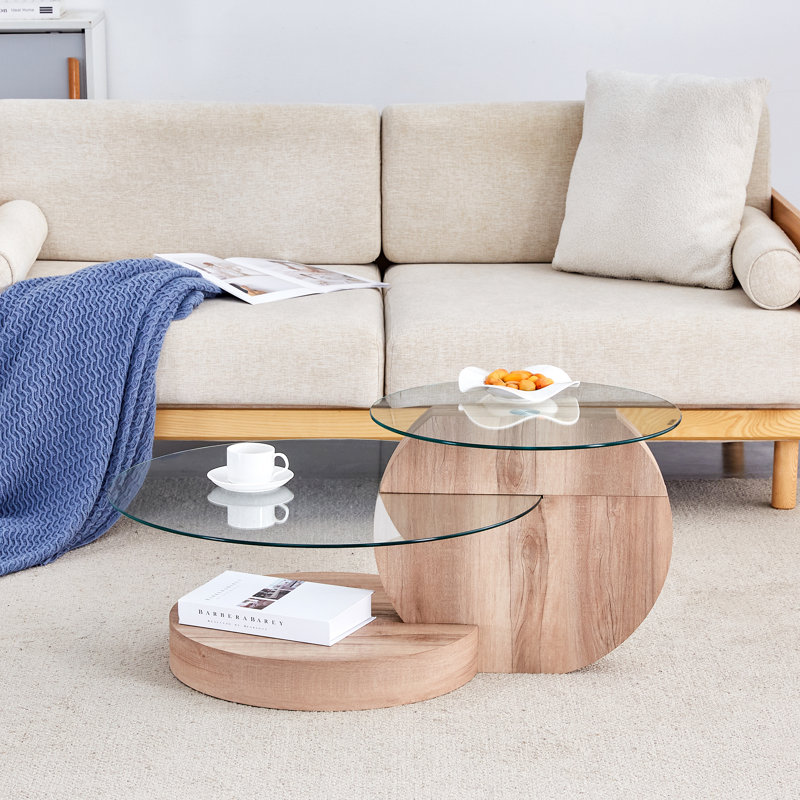 Luxurious Round Nesting Coffee Table with Storage, Light Wood