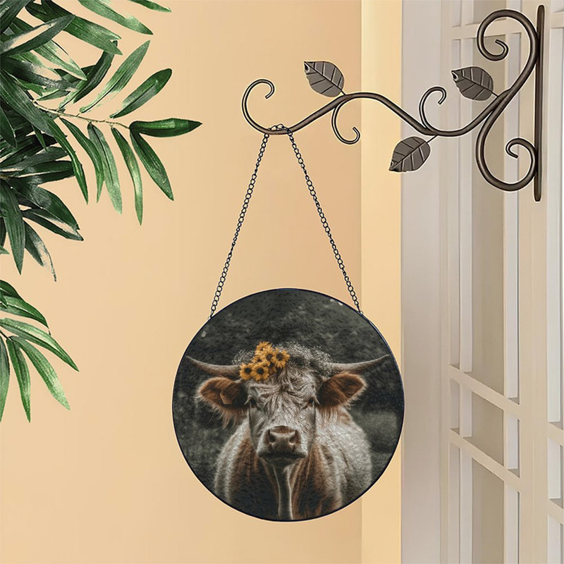 Vache avec couronne de tournesol à l'extérieur en vitrail pour fenêtre, 6,3 x 6,3 po (16 x 16 cm)