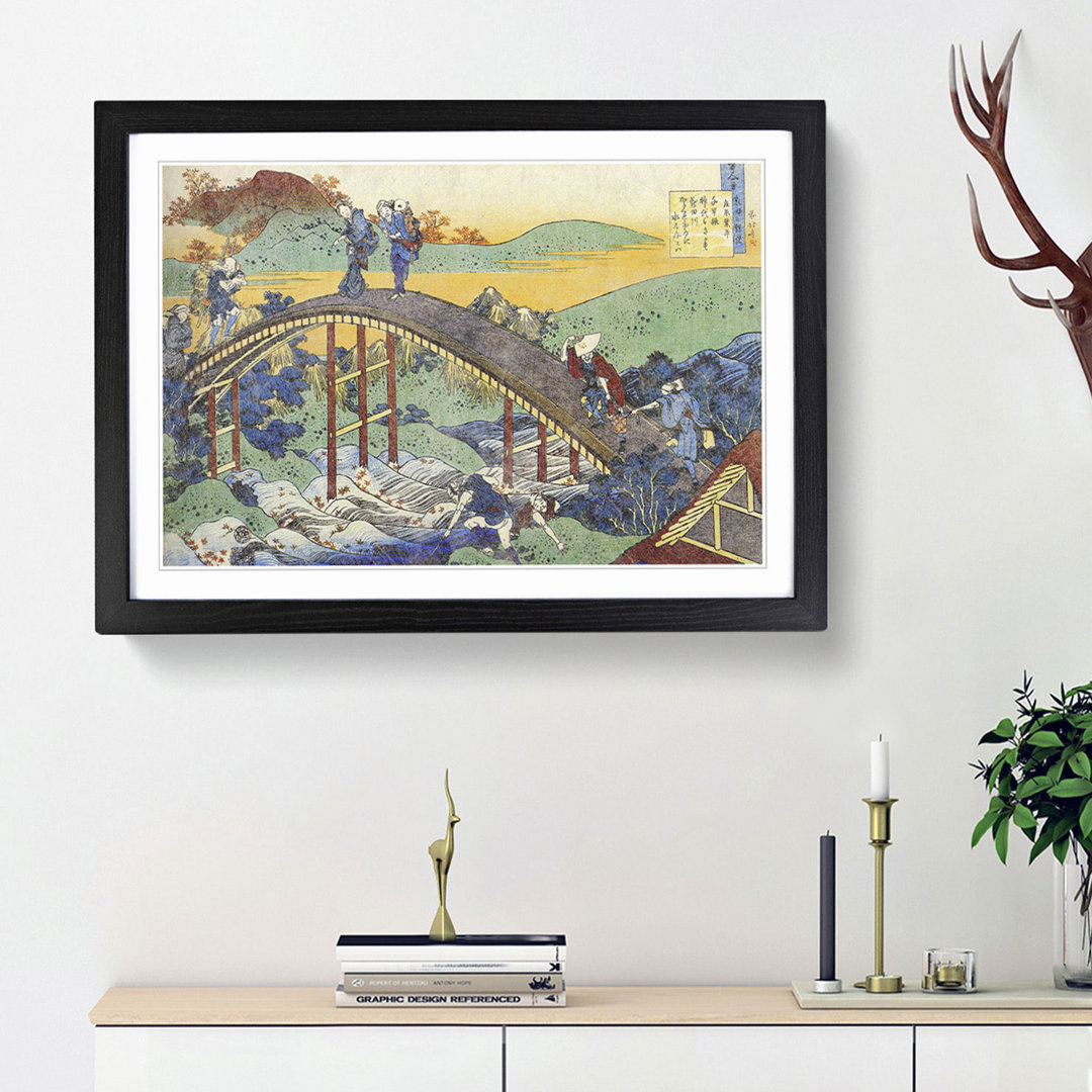 Crossing the Bridge by Katsushika Hokusai - Framed Print