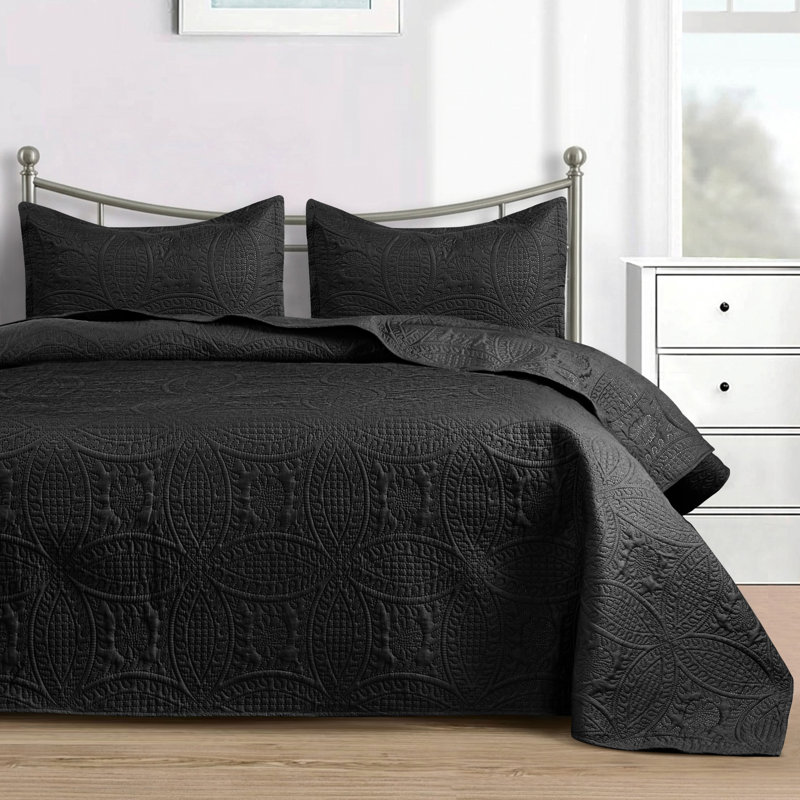 3 Piece Bedspread Set - Reversible Quilt Set - Lightweight Microfiber Coverlet for Queen King Twin, Black