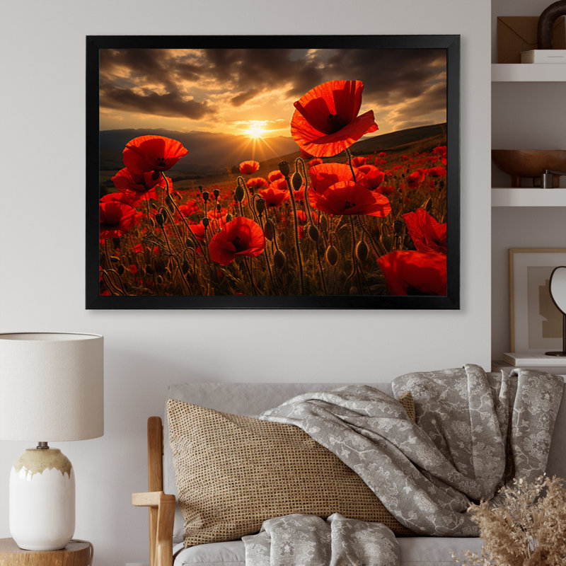 «Red Poppies Field With Sunset III» sur toile, H 30 po x l 40 po x P 1,5 po, Cadre simple noir