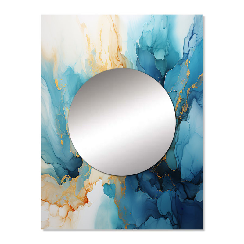 Tresure Blue And Gold Abstracted River Flow - River Large Mirror, Blue Decorative Wall Mirror, Printed Metal Art, 32" x 24"