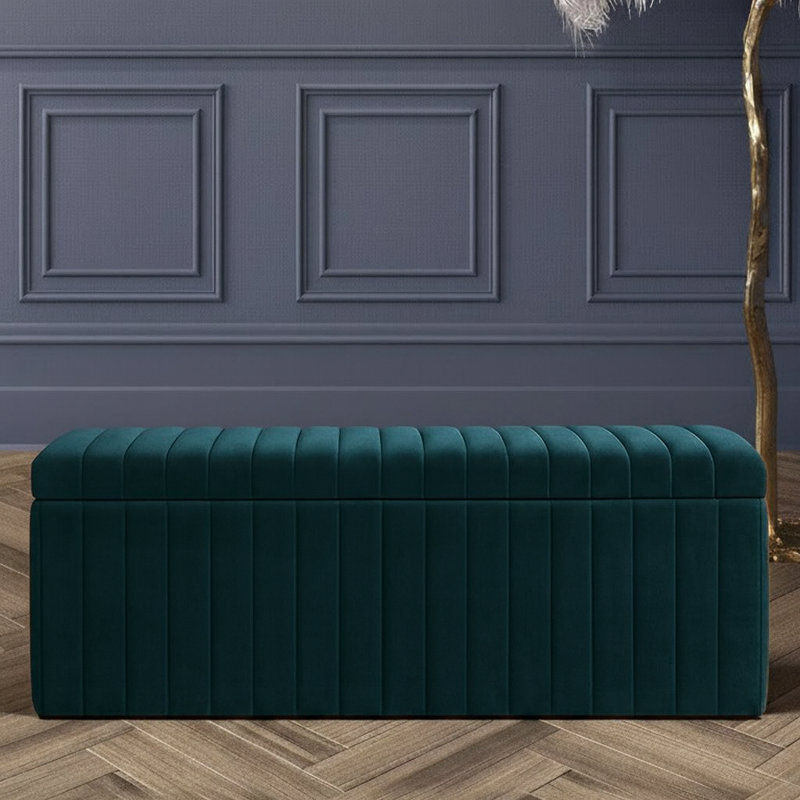 Lux Striped Wide Velvet Rectangle Solid Color Standard Ottoman Box with Storage, 40 cm H x 137 cm W x 42 cm D, Emerald Green