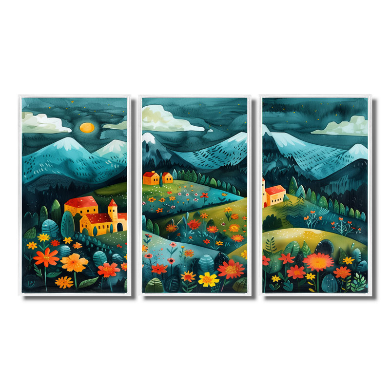 «Blue Red Summer Mountain Village Dream», ensemble d'art mural, Toile encadrée flottée blanche, H 32 po x l 16 po x P 1 po