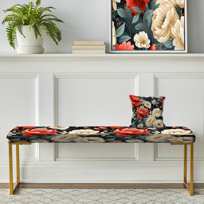 Élégant jardin maritime rouge et blanc - Banc rembourré floral doré