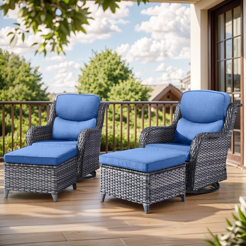 Smile Outdoor Patio PE Wicker 2-Person Seating Group With 5" Thickness Cushions And Ottomans, Gray, Blue
