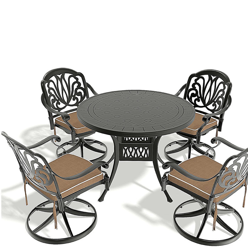 Ensemble de salle à manger 5 pièces en aluminium coulé résistant aux intempéries, comprenant 4 chaises pivotantes et une table ronde de 39,37 po avec structure noire (même SKU: W1710S00437)