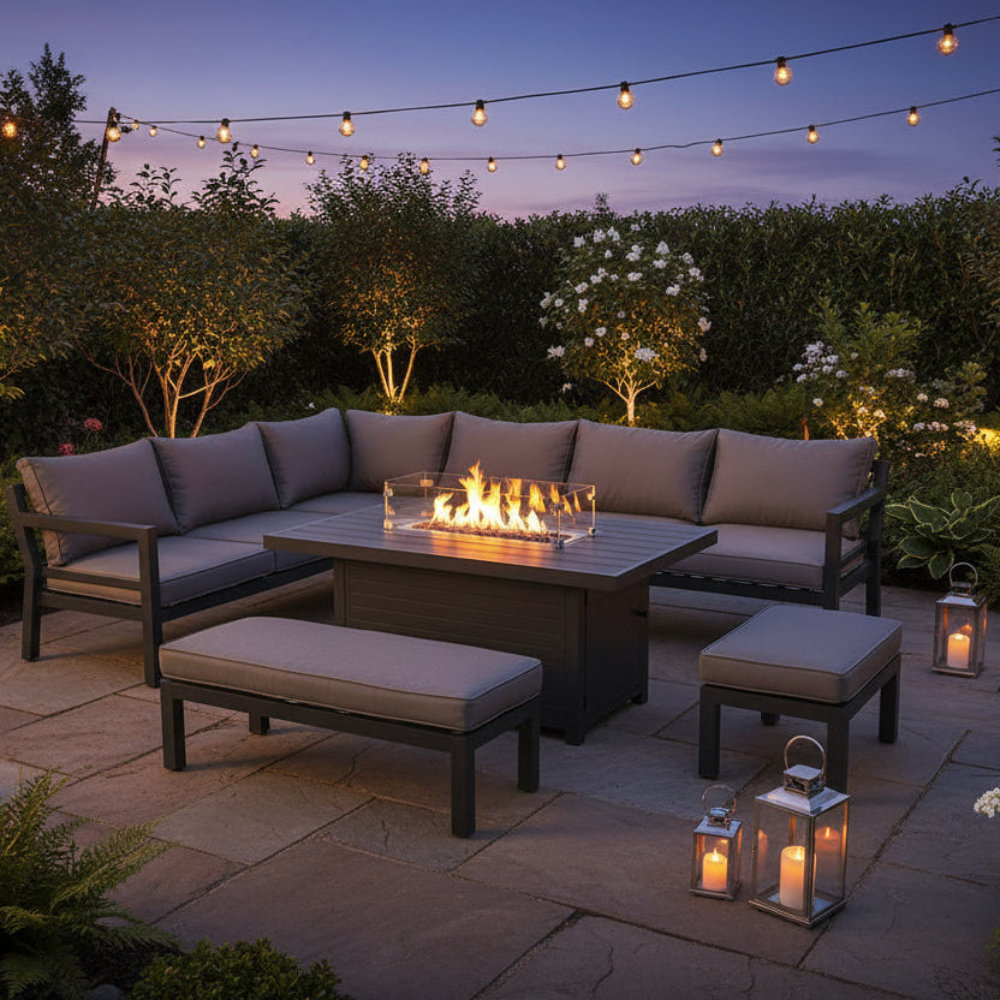 Berlin Aluminum 9 Seater Corner Sofa Set With Fire Pit Table