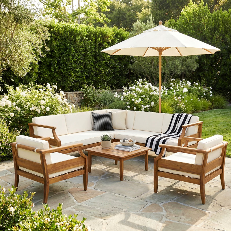 Mcclurg Mid-Century Modern Acacia Wood Outdoor Conversation Set With Sectional, Club Chairs, No, Cream