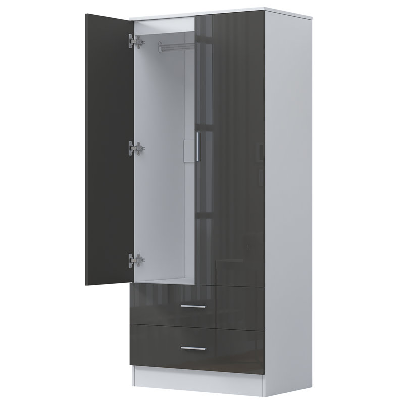 Eva High Gloss 2 Door + 2 Drawer Wardrobe - H: 180cm x D: 47cm x W: 76cm, Matte White/Gloss Grey